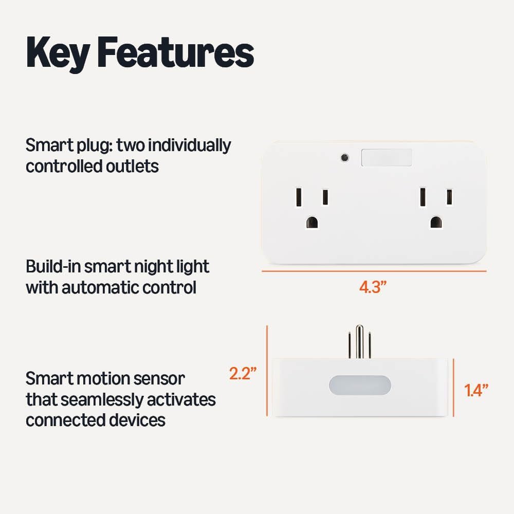 Amazon Basics Dual Smart Plug – Motion Sensor & Night Light, Works with Alexa Only, 2.4GHz Wi-Fi, White