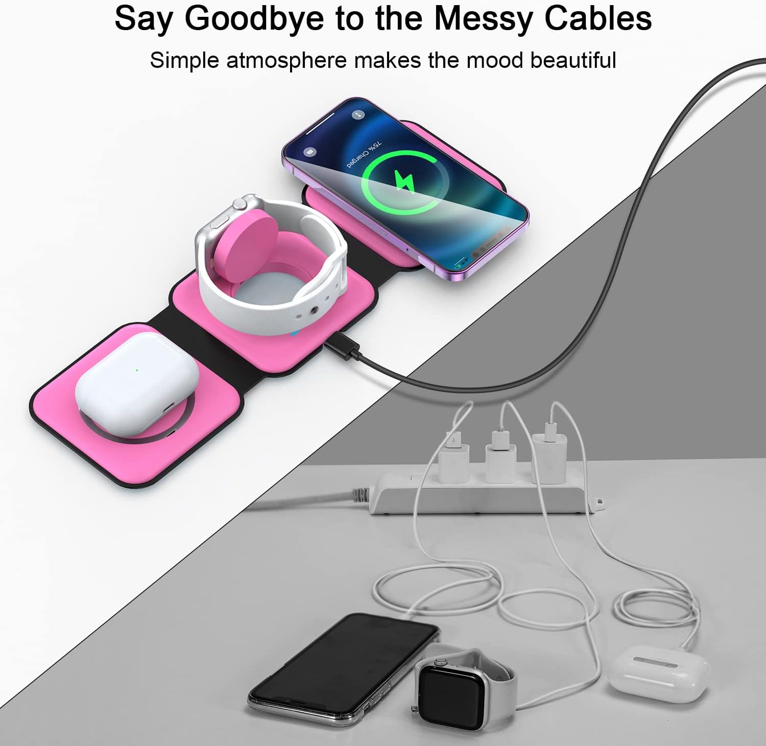 RTOPS Wireless Charger 3-in-1 Magnetic Travel Charging Station with GaN Adapter -  Rose Pink