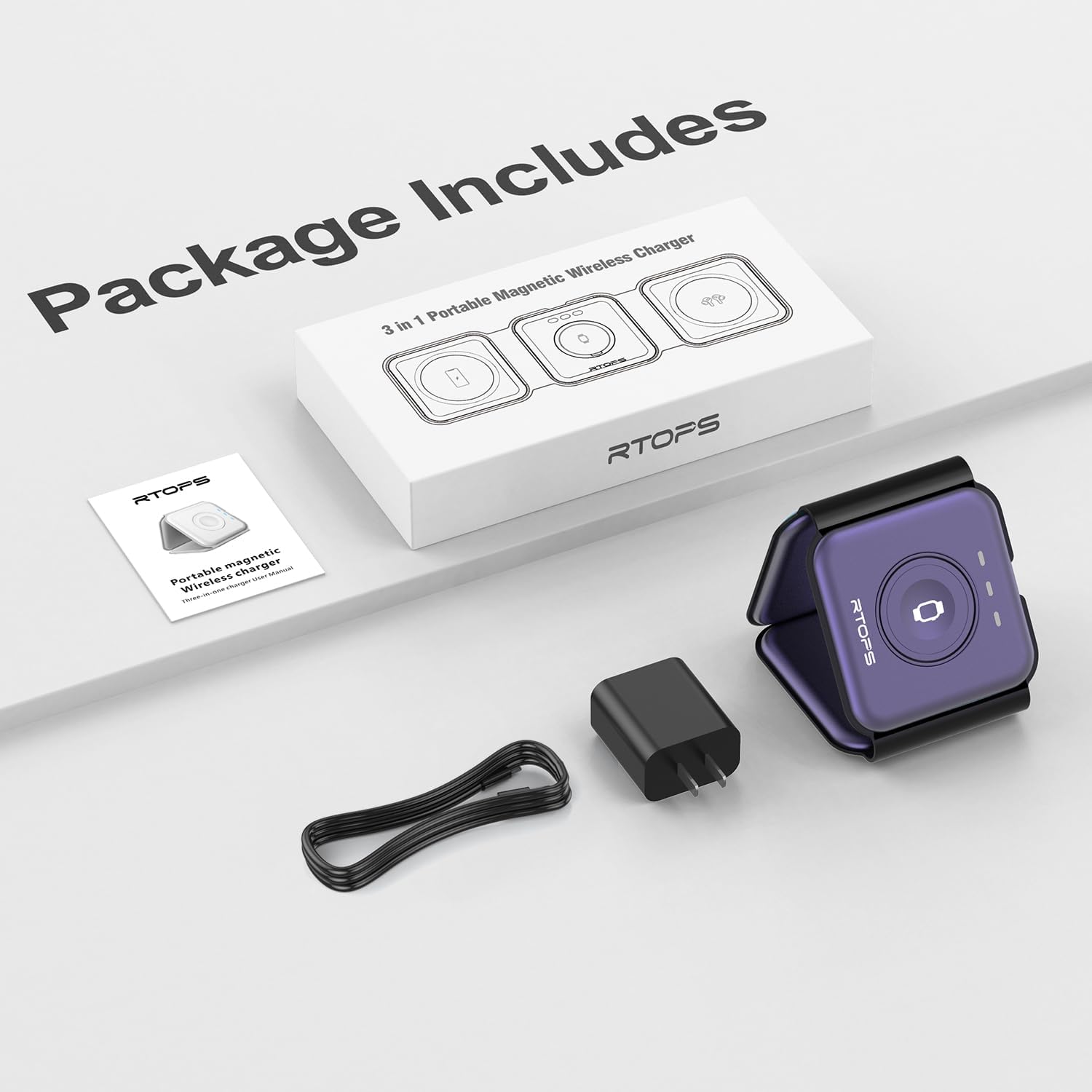 RTOPS Wireless Charger 3-in-1 Magnetic Travel Charging Station with GaN Adapter -  Deep Purple