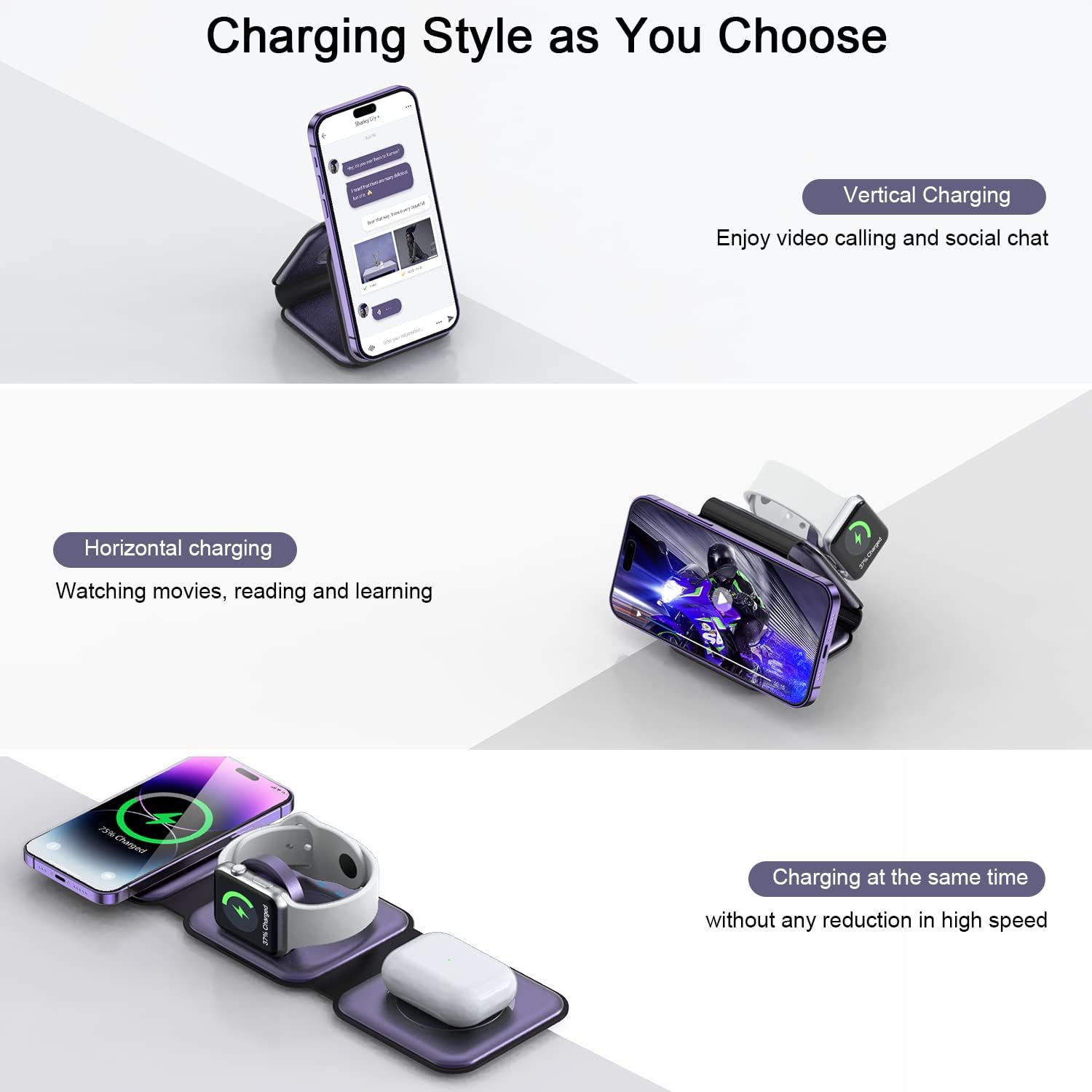 RTOPS Wireless Charger 3-in-1 Magnetic Travel Charging Station with GaN Adapter -  Deep Purple