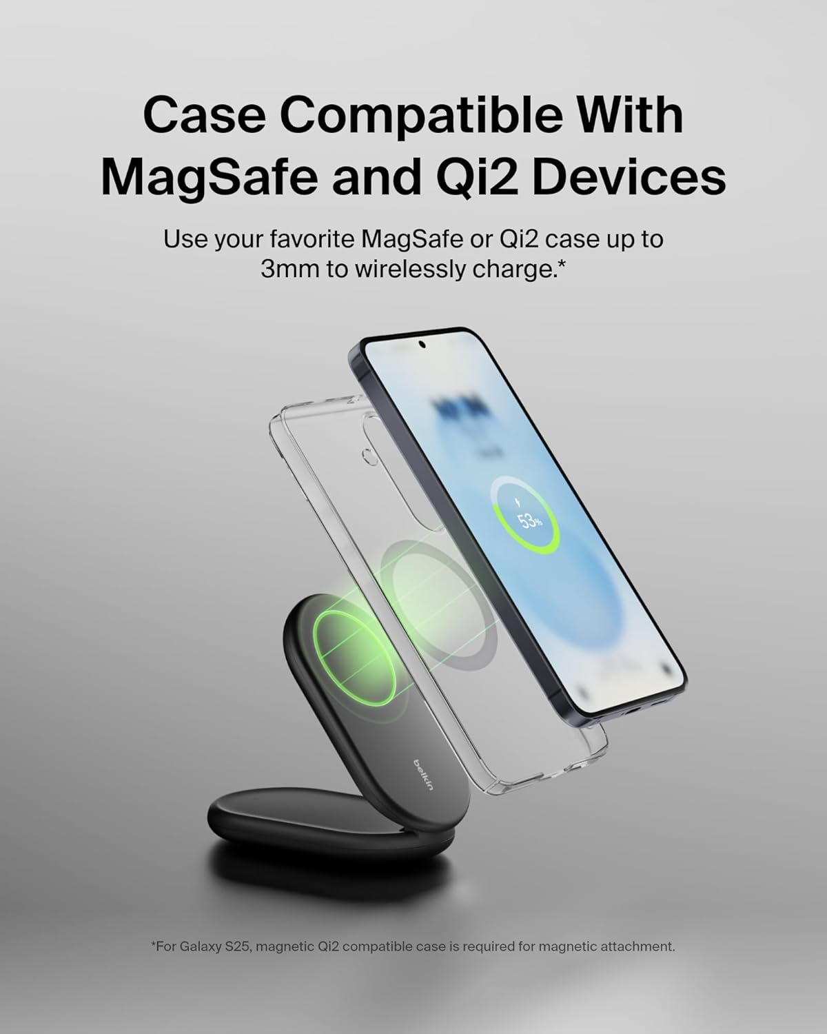 Belkin 15W Magnetic Foldable Wireless Charging Stand – Qi2 MagSafe-Compatible Charger with PSU (Black)