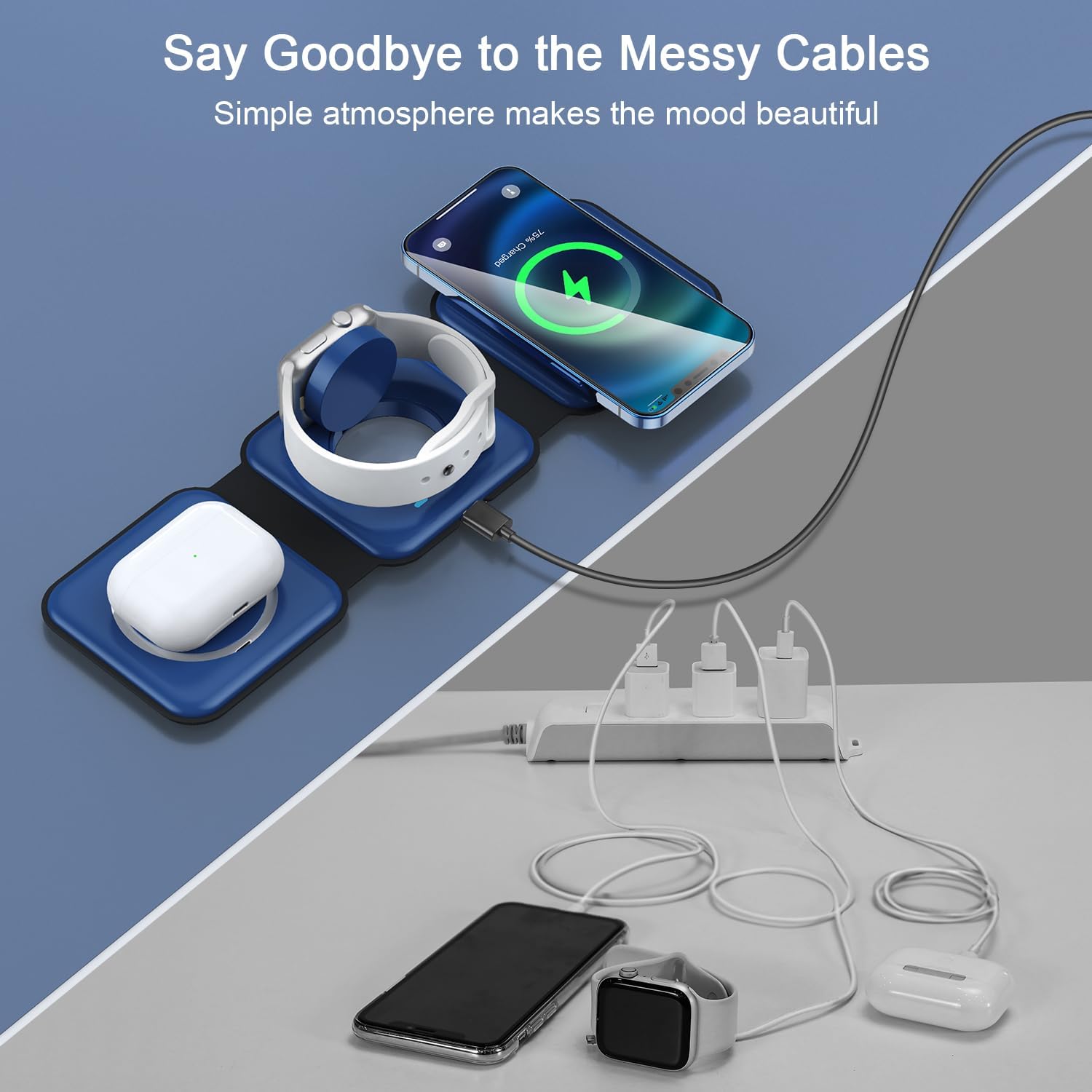 RTOPS Wireless Charger 3-in-1 Magnetic Travel Charging Station with GaN Adapter -  Deep Blue