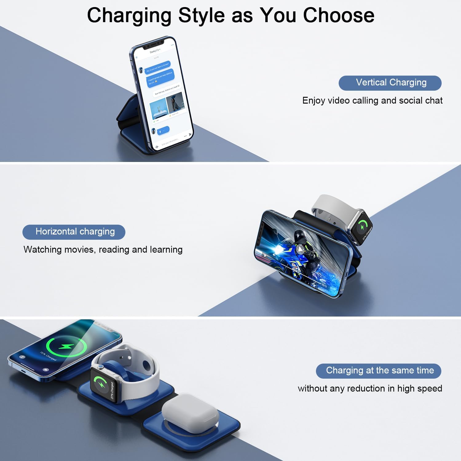 RTOPS Wireless Charger 3-in-1 Magnetic Travel Charging Station with GaN Adapter -  Deep Blue