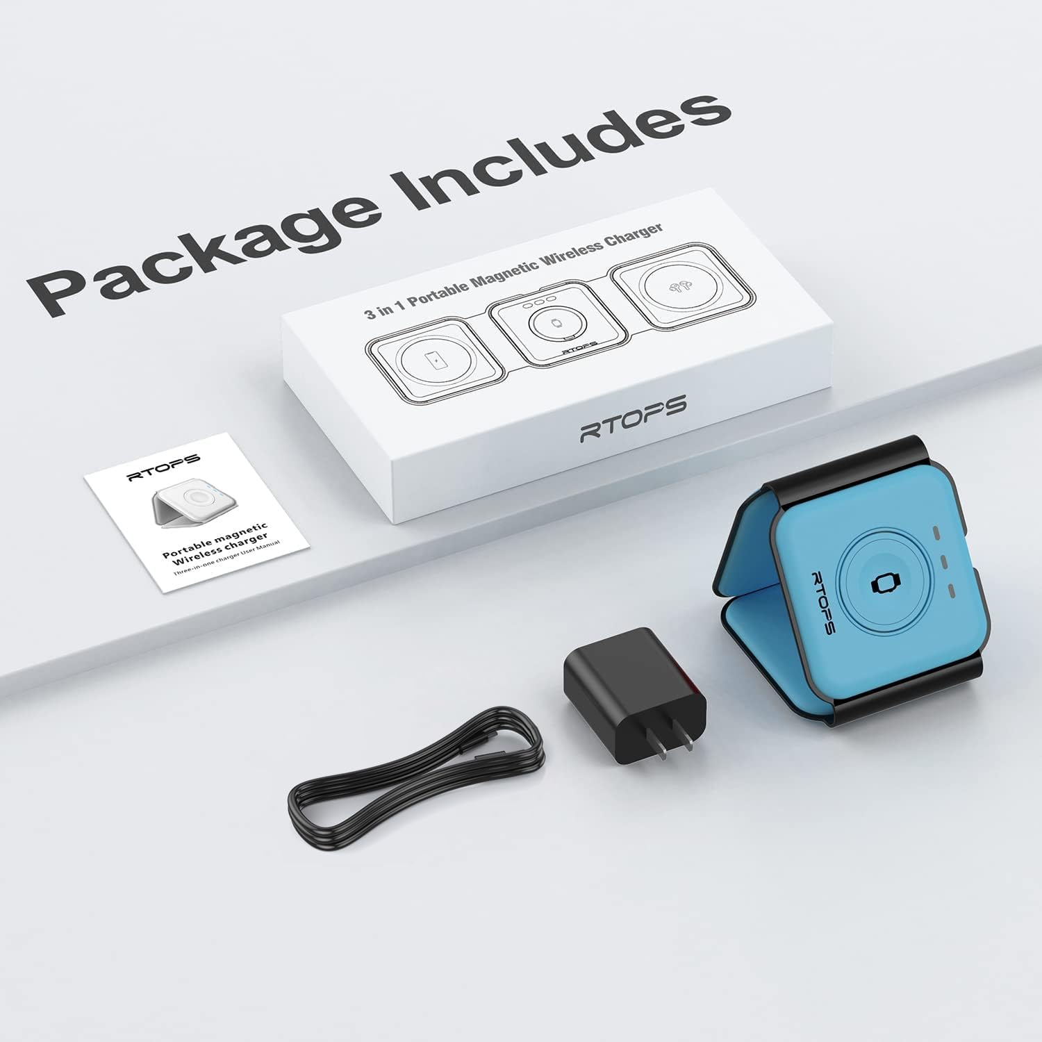 RTOPS Wireless Charger 3-in-1 Magnetic Travel Charging Station with GaN Adapter -  Ice Blue