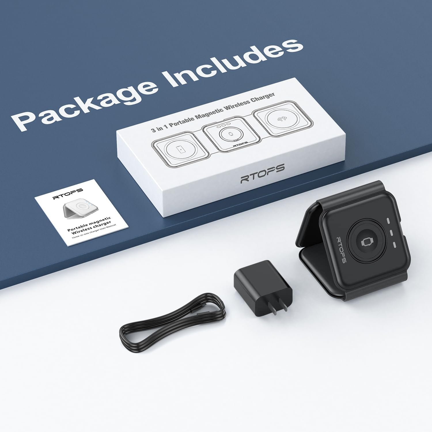 RTOPS Wireless Charger 3-in-1 Magnetic Travel Charging Station with GaN Adapter -  Black