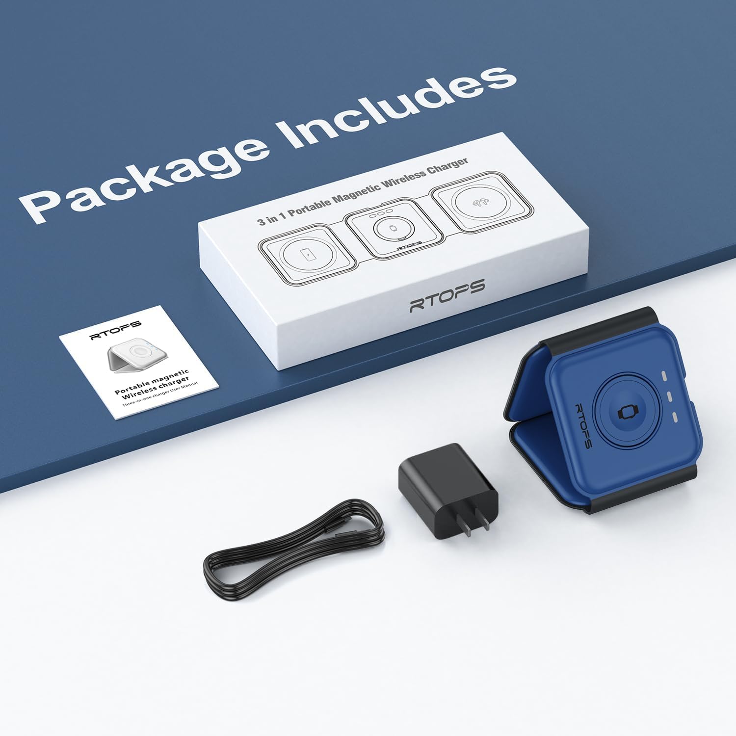 RTOPS Wireless Charger 3-in-1 Magnetic Travel Charging Station with GaN Adapter -  Deep Blue