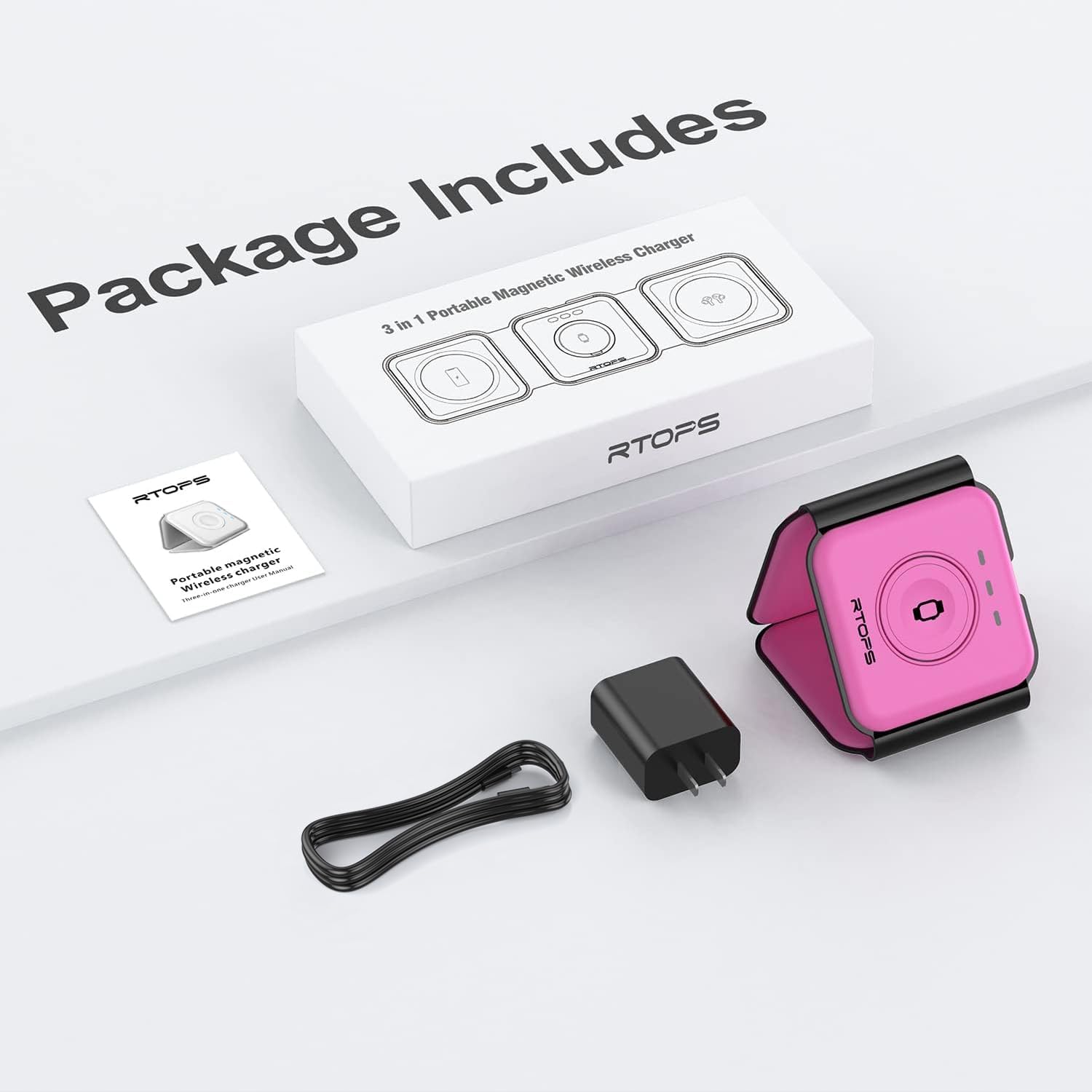 RTOPS Wireless Charger 3-in-1 Magnetic Travel Charging Station with GaN Adapter -  Rose Pink