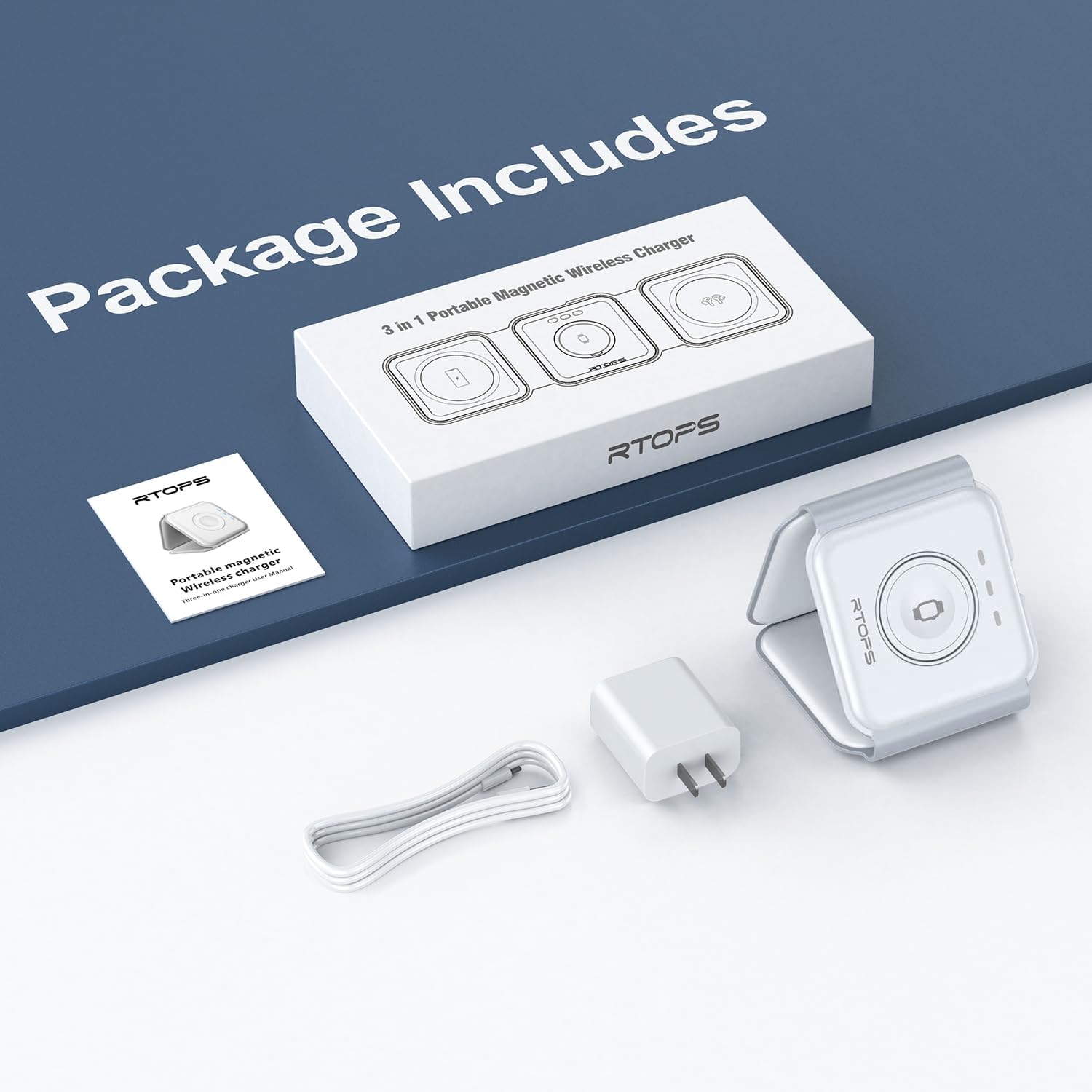 RTOPS Wireless Charger 3-in-1 Magnetic Travel Charging Station with GaN Adapter - White