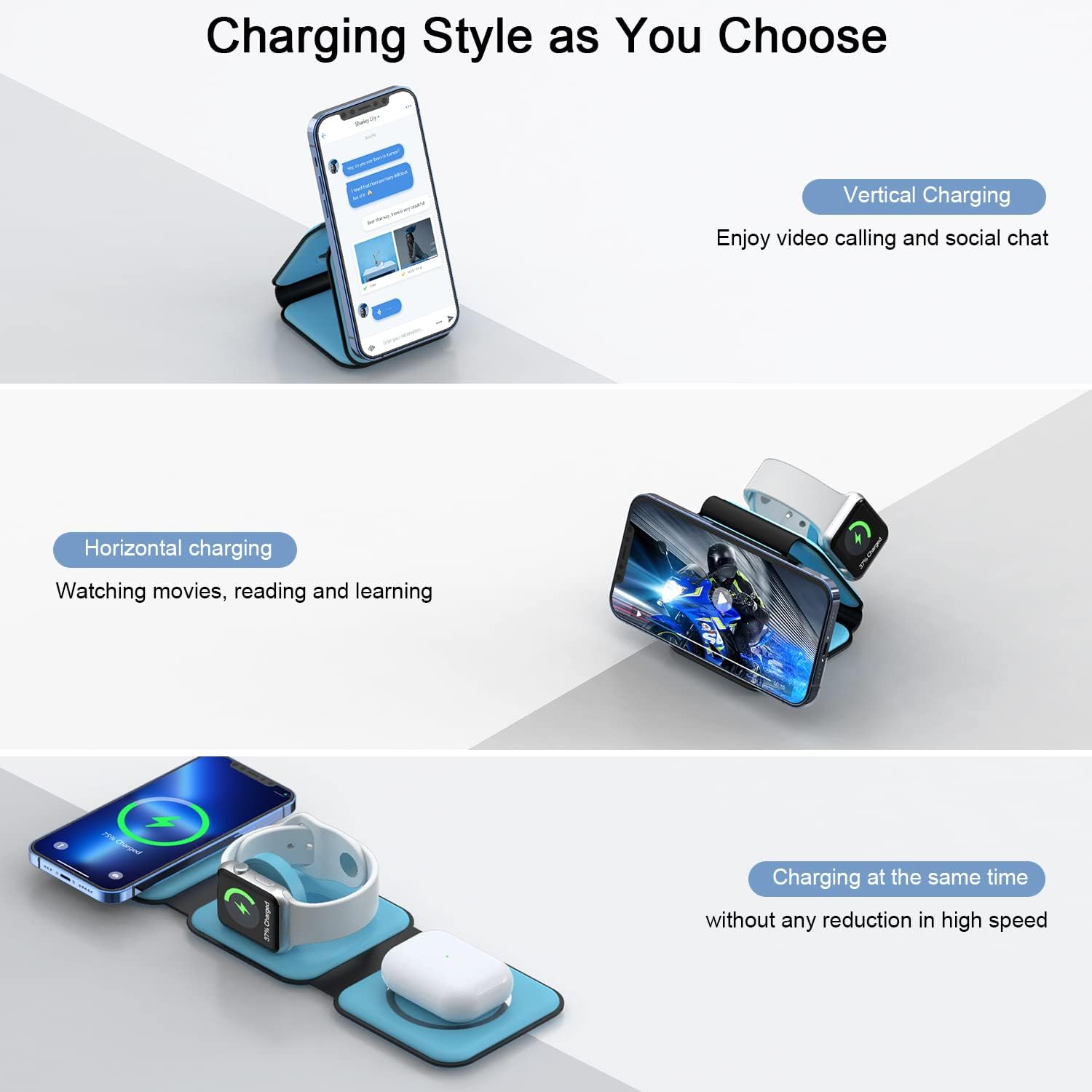 RTOPS Wireless Charger 3-in-1 Magnetic Travel Charging Station with GaN Adapter -  Ice Blue