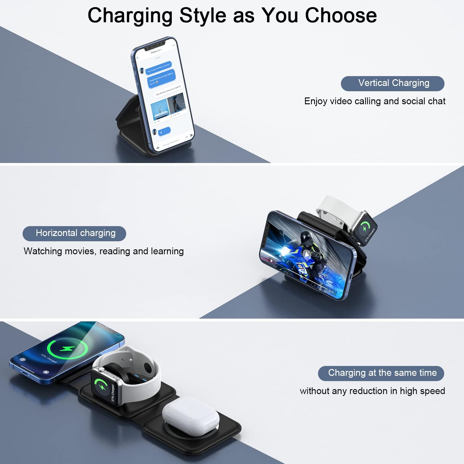 RTOPS Wireless Charger 3-in-1 Magnetic Travel Charging Station with GaN Adapter -  Black