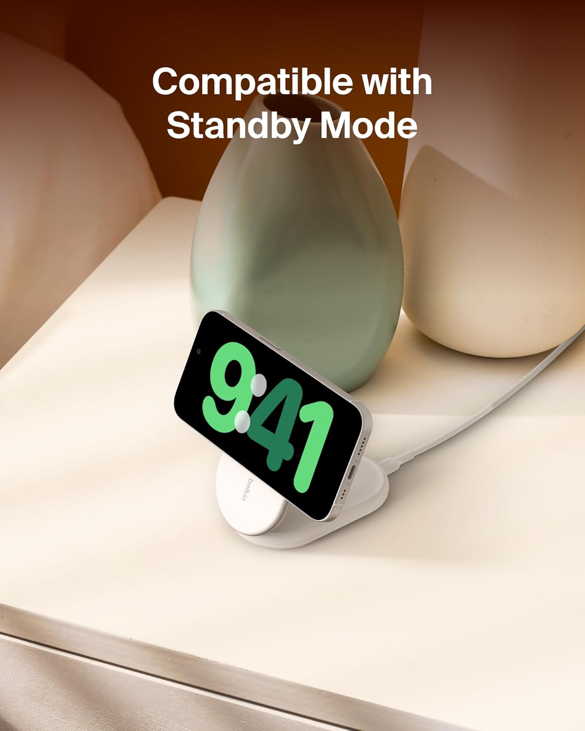 Belkin 15W Magnetic Foldable Wireless Charging Stand – Qi2 MagSafe-Compatible Charger with PSU (White)