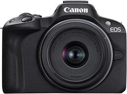 Canon EOS R50 Mirrorless Camera front view with RF-S 18-45mm lens