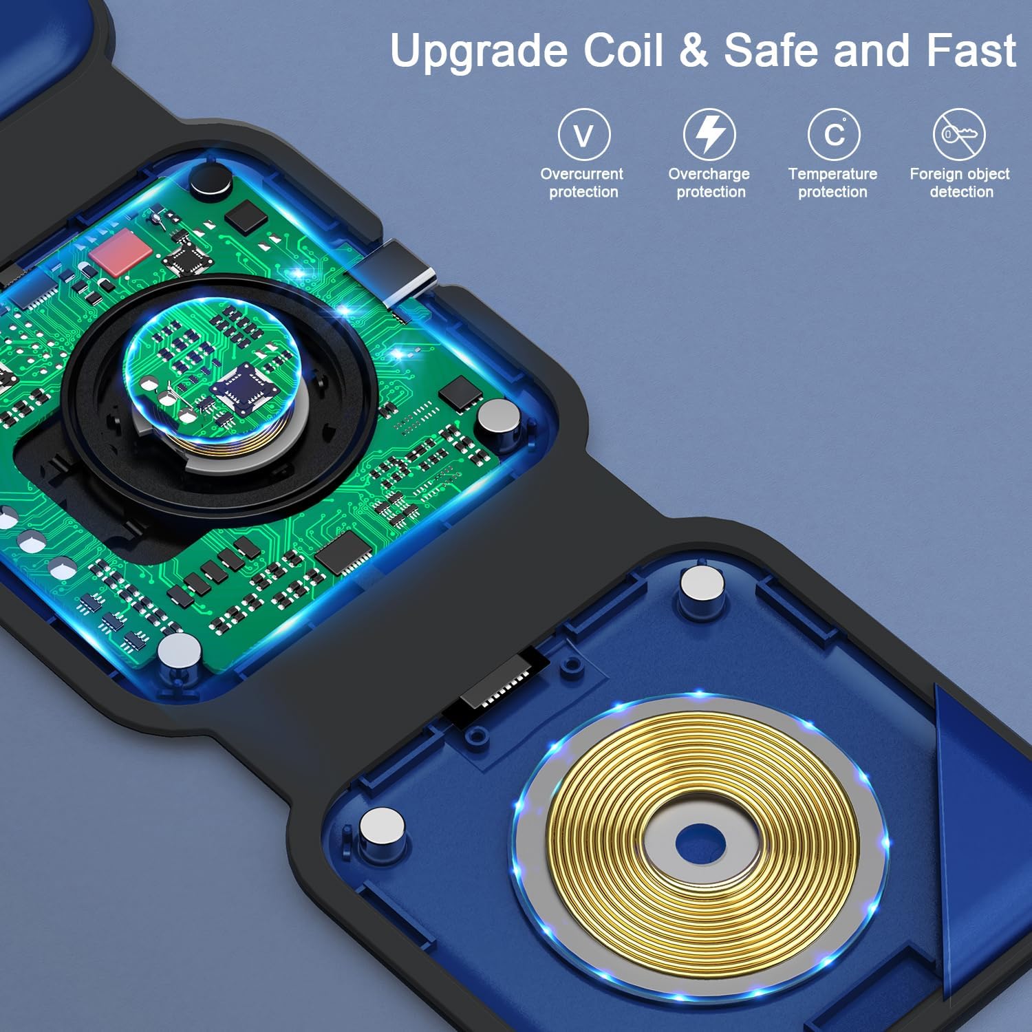 RTOPS Wireless Charger 3-in-1 Magnetic Travel Charging Station with GaN Adapter -  Deep Blue