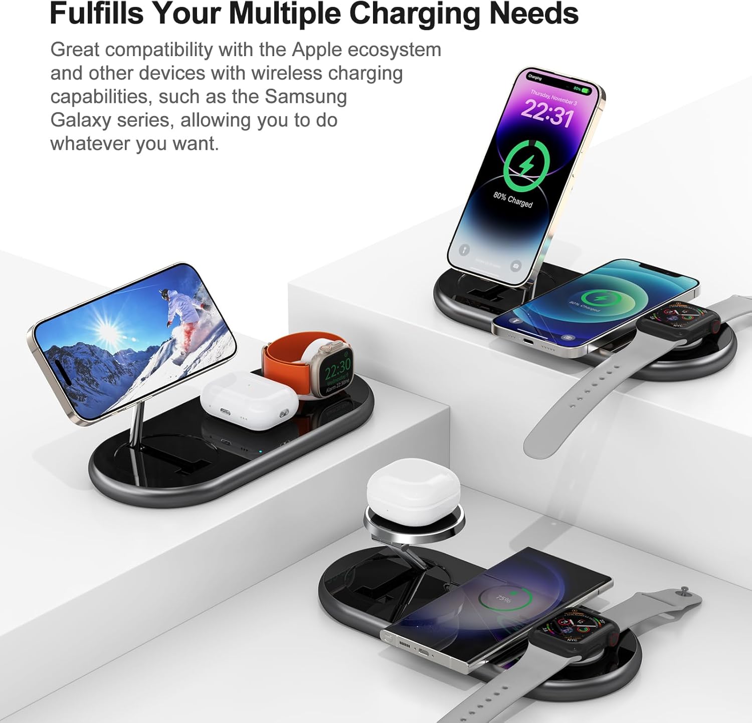 3-in-1 Magnetic Wireless Charging Station – Fast MagSafe Charger Stand for iPhone, Apple Watch & AirPods (Black)