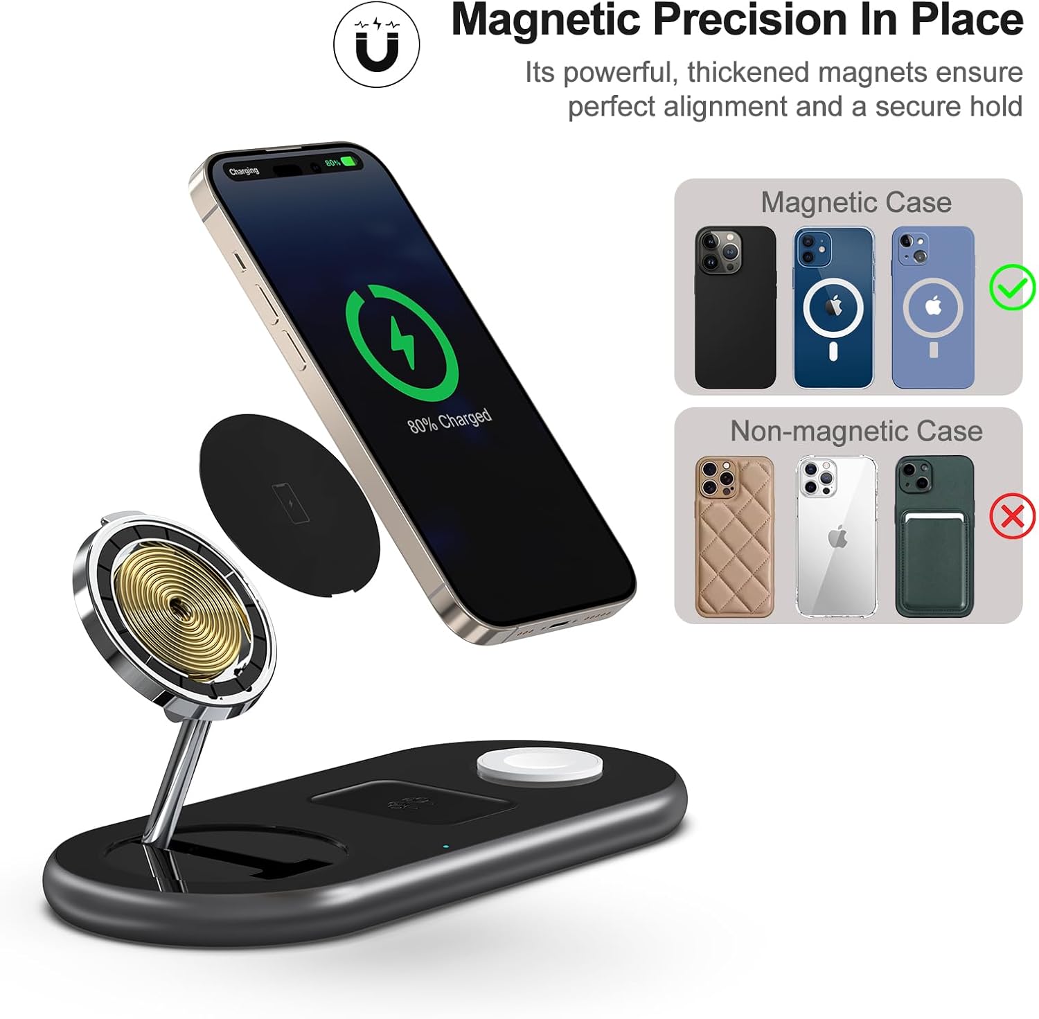 3-in-1 Magnetic Wireless Charging Station – Fast MagSafe Charger Stand for iPhone, Apple Watch & AirPods (Black)