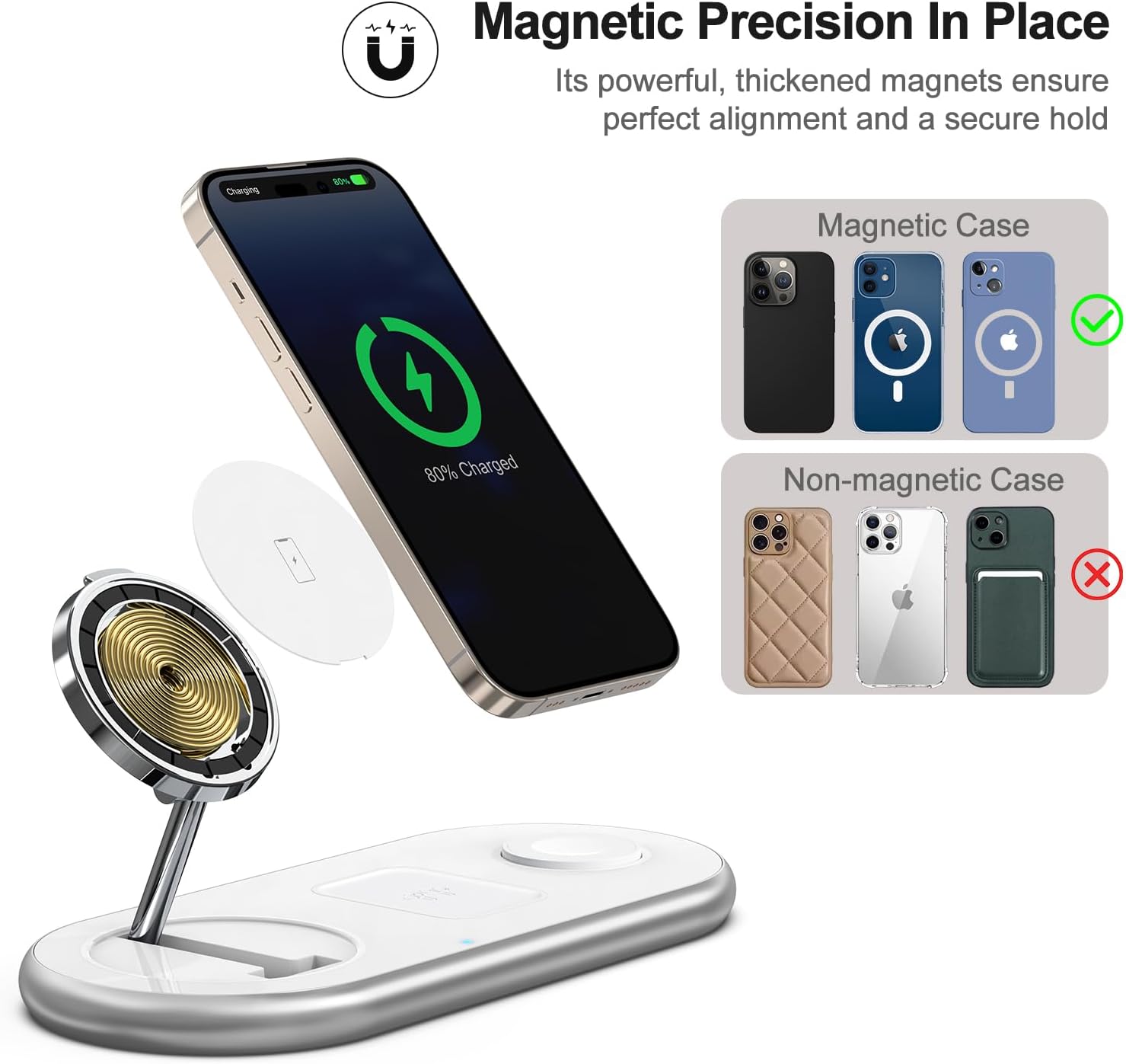3-in-1 Magnetic Wireless Charging Station – Fast MagSafe Charger Stand for iPhone, Apple Watch & AirPods (White)