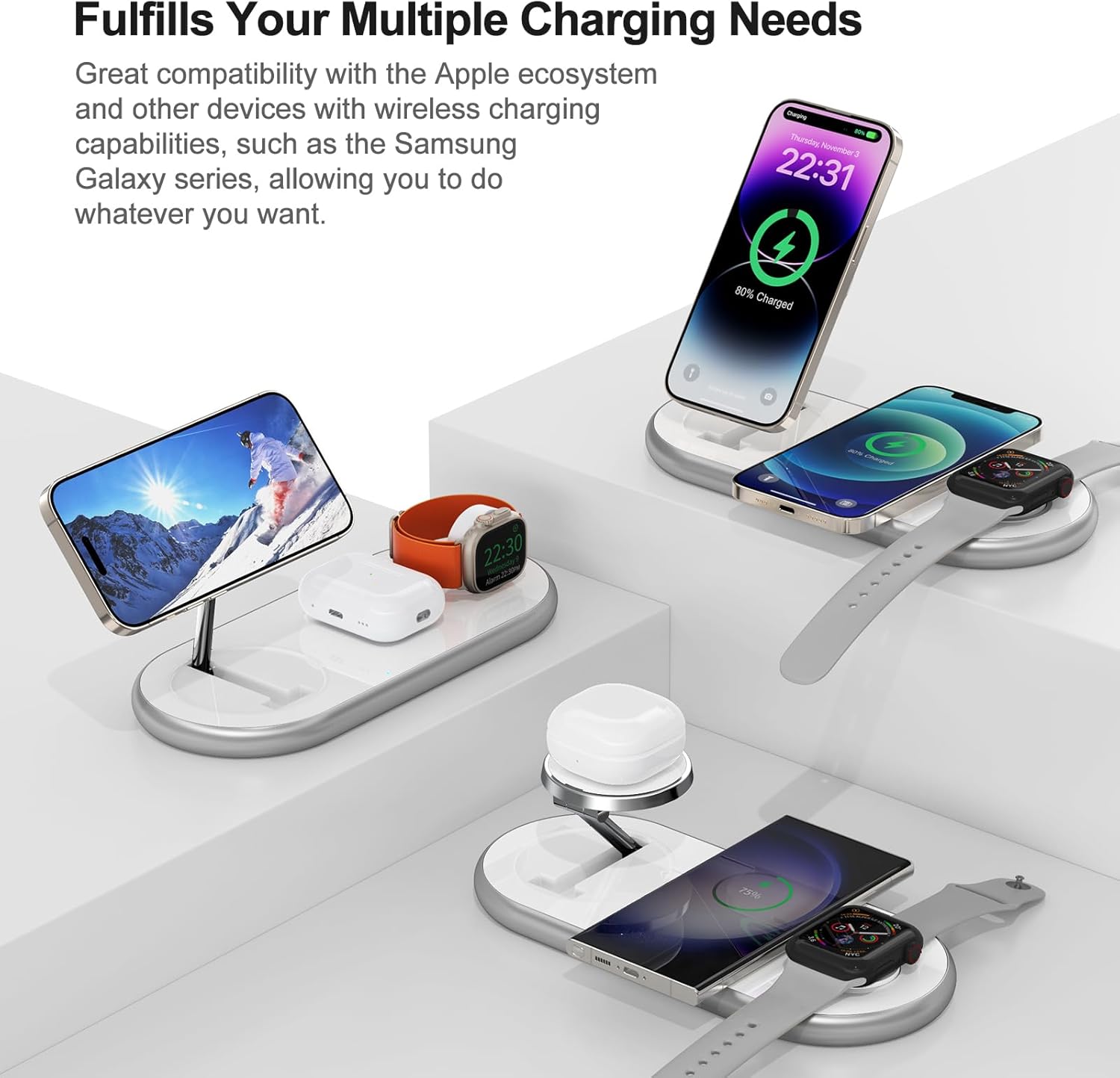 3-in-1 Magnetic Wireless Charging Station – Fast MagSafe Charger Stand for iPhone, Apple Watch & AirPods (White)