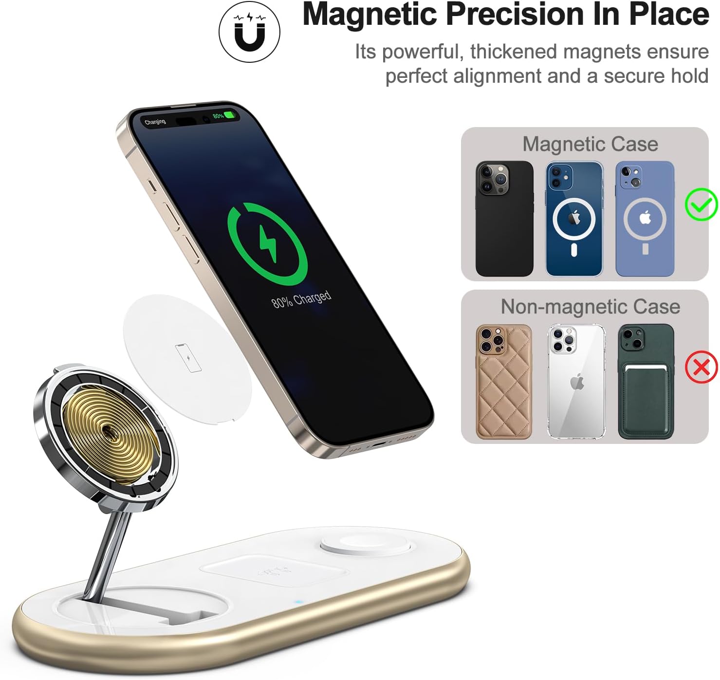 3-in-1 Magnetic Wireless Charging Station – Fast MagSafe Charger Stand for iPhone, Apple Watch & AirPods (Golden)