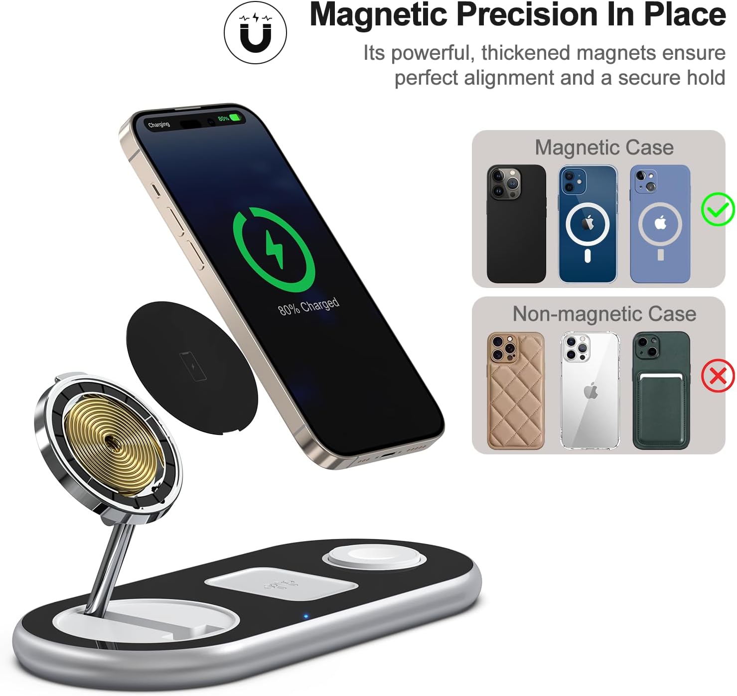 3-in-1 Magnetic Wireless Charging Station – Fast MagSafe Charger Stand for iPhone, Apple Watch & AirPods (Crystal Silver)