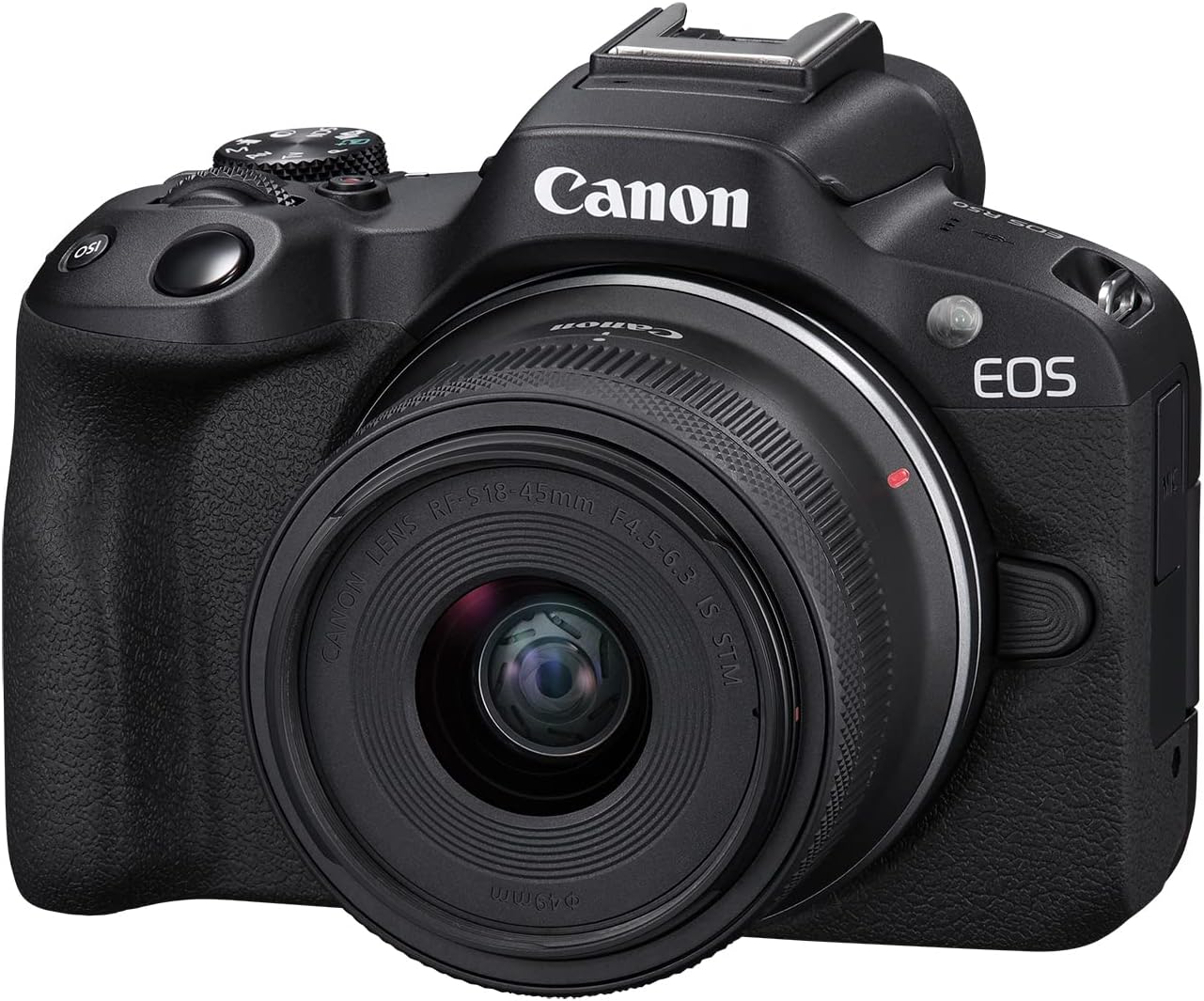 Top view of Canon EOS R50 with lens attached

