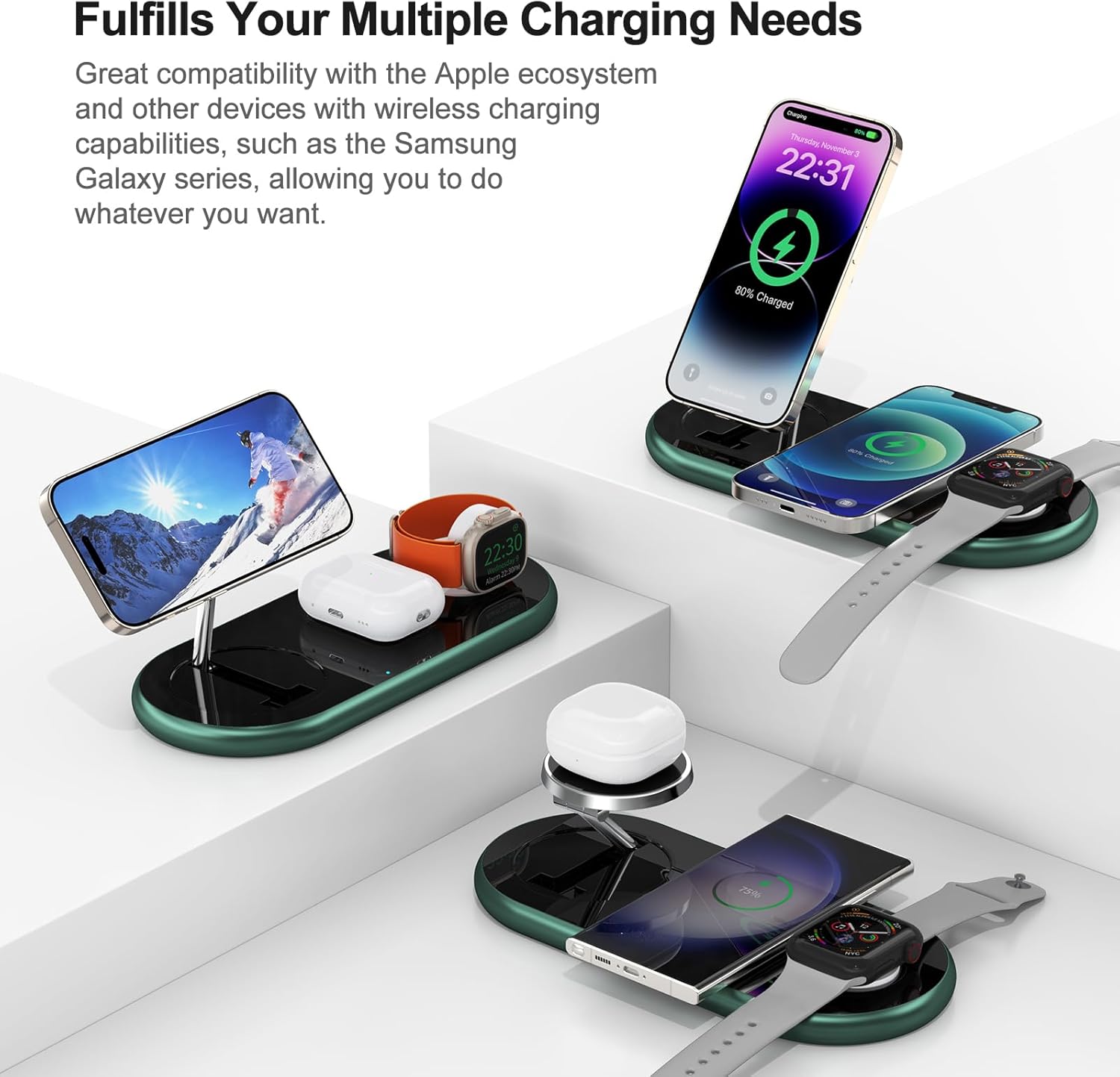 3-in-1 Magnetic Wireless Charging Station – Fast MagSafe Charger Stand for iPhone, Apple Watch & AirPods (Alphine Green)