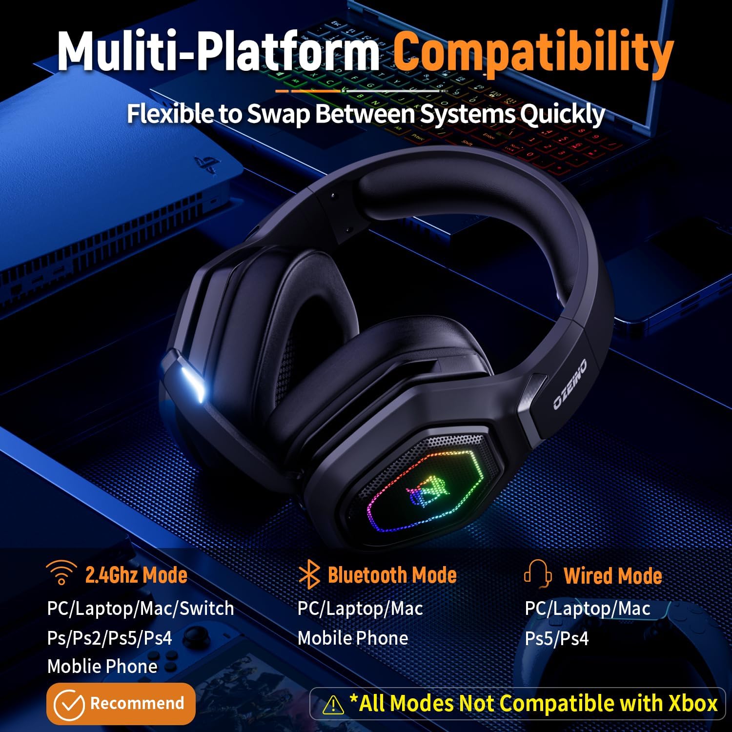 Wireless RGB Gaming Headset with Mic – 2.4GHz USB/Type-C Dongle (Black)