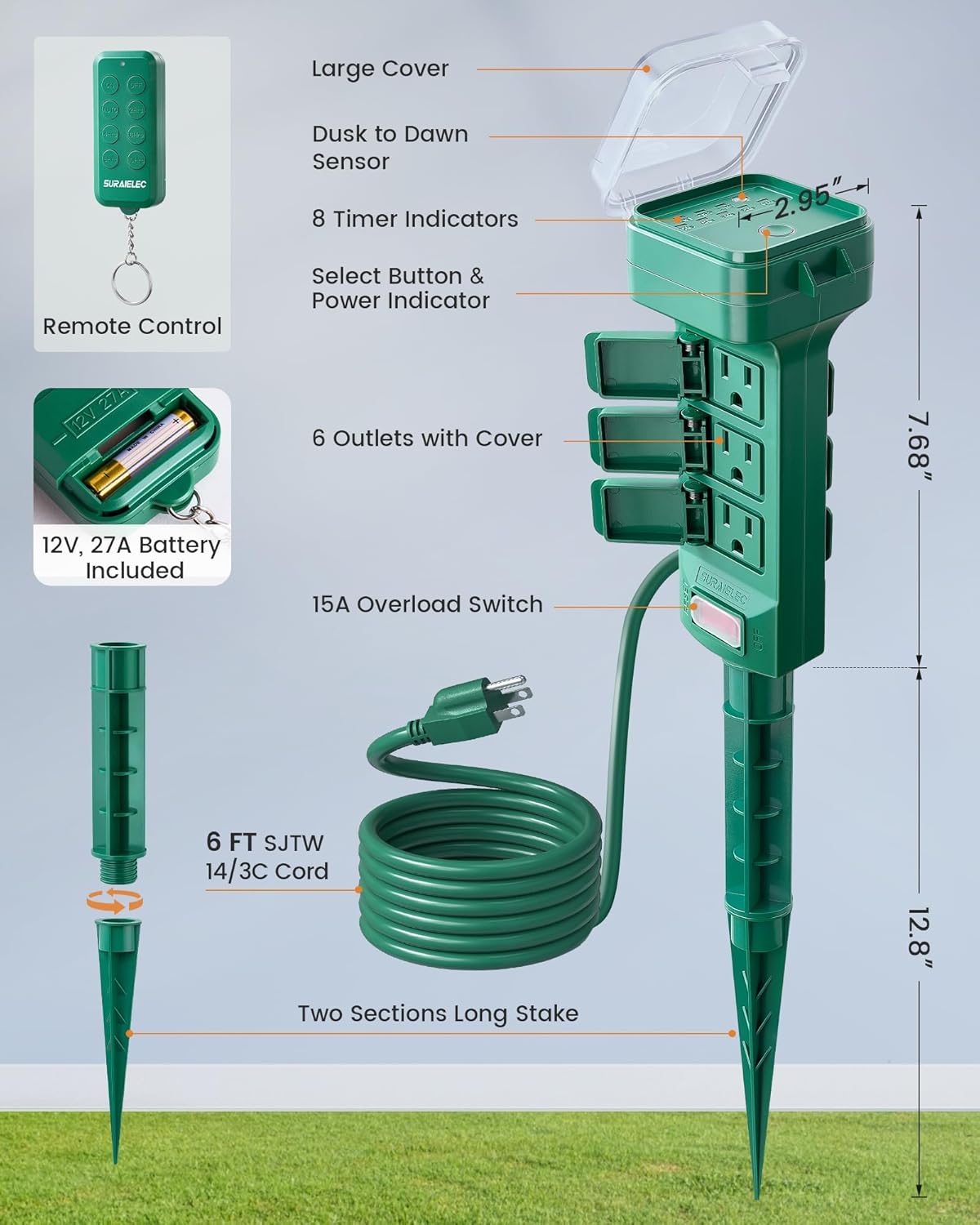 Suraielec Outdoor Power Stake Timer with Remote & 6 Outlets (Green)