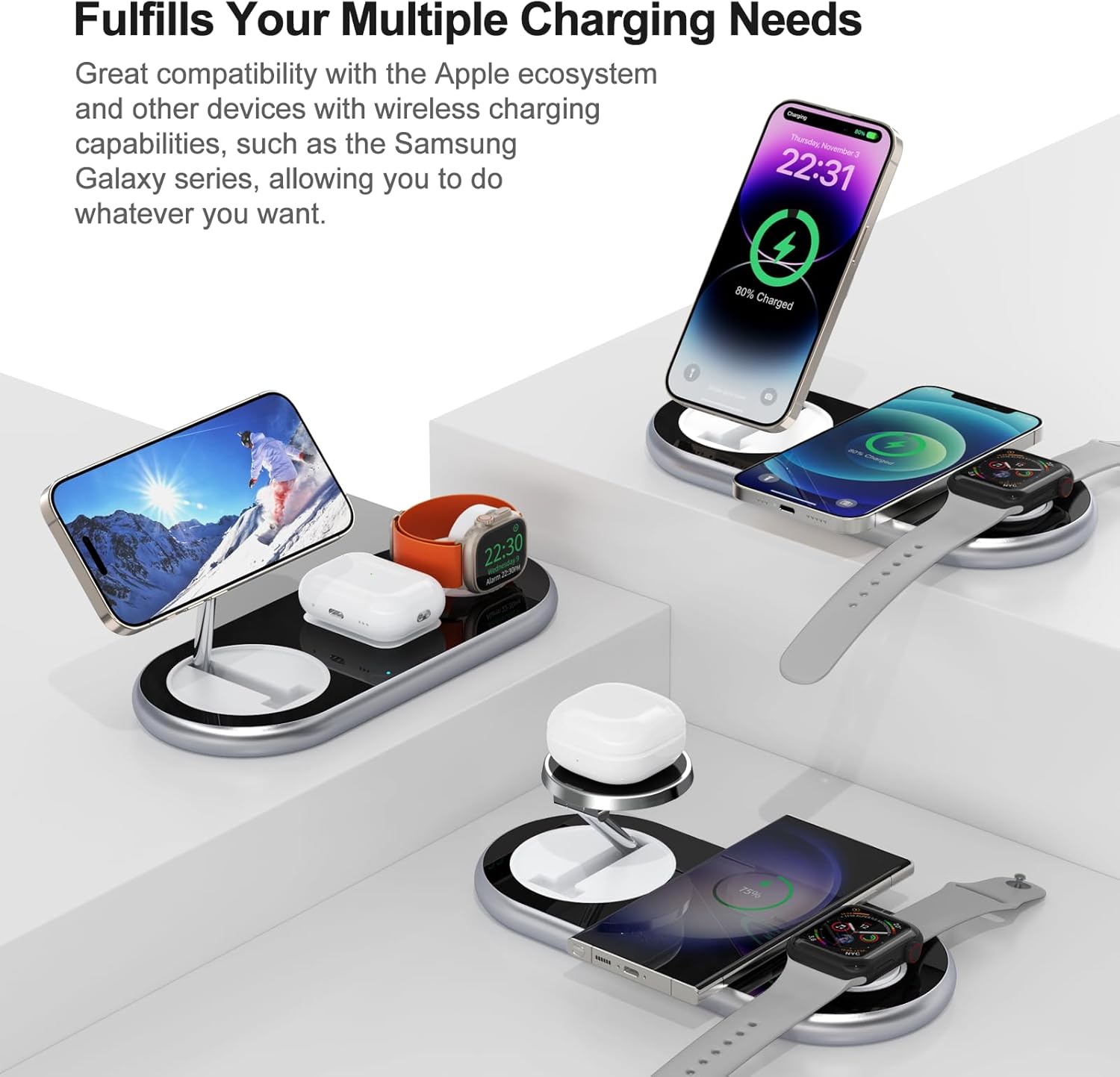 3-in-1 Magnetic Wireless Charging Station – Fast MagSafe Charger Stand for iPhone, Apple Watch & AirPods (Crystal Silver)