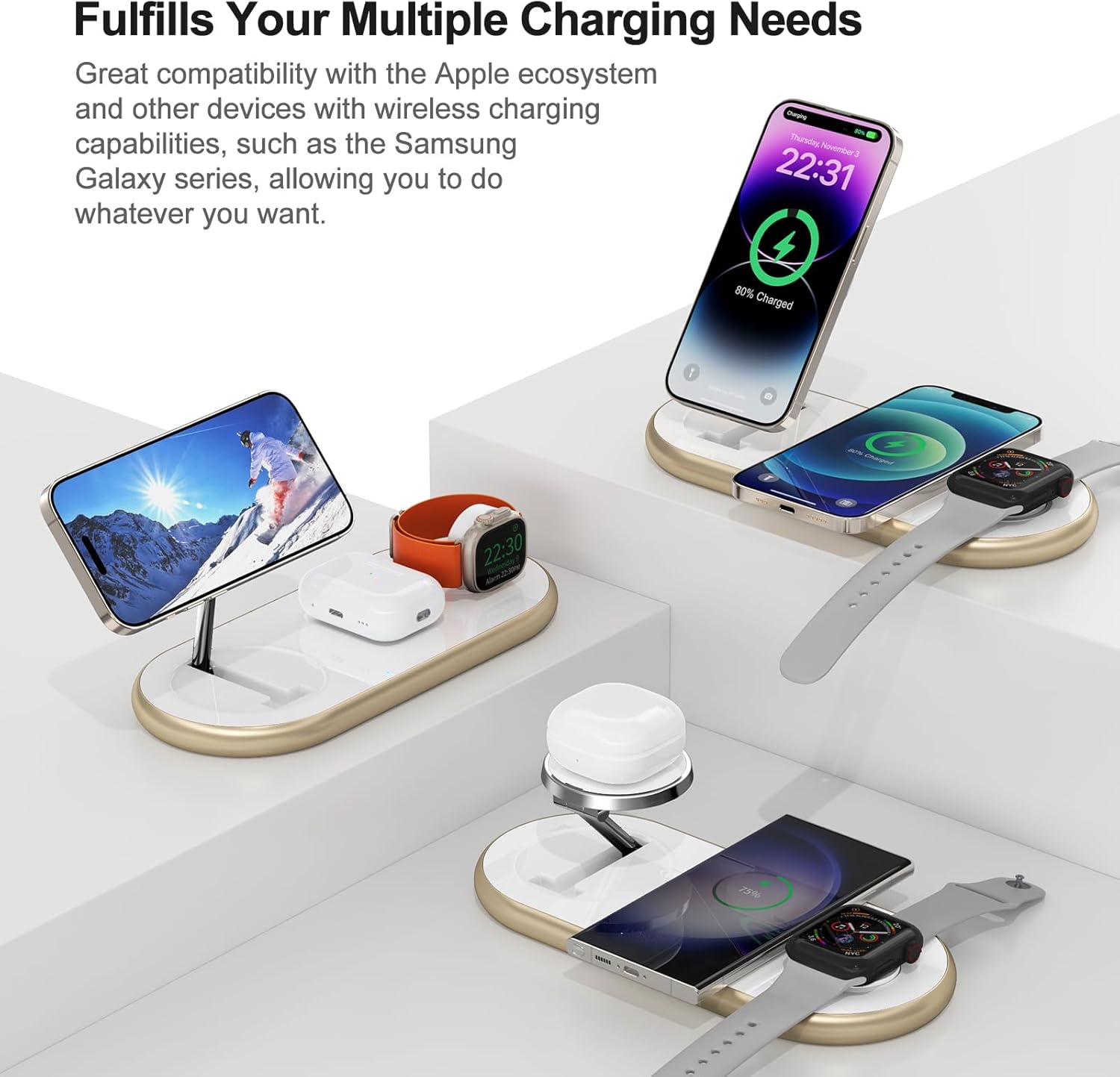 3-in-1 Magnetic Wireless Charging Station – Fast MagSafe Charger Stand for iPhone, Apple Watch & AirPods (Golden)