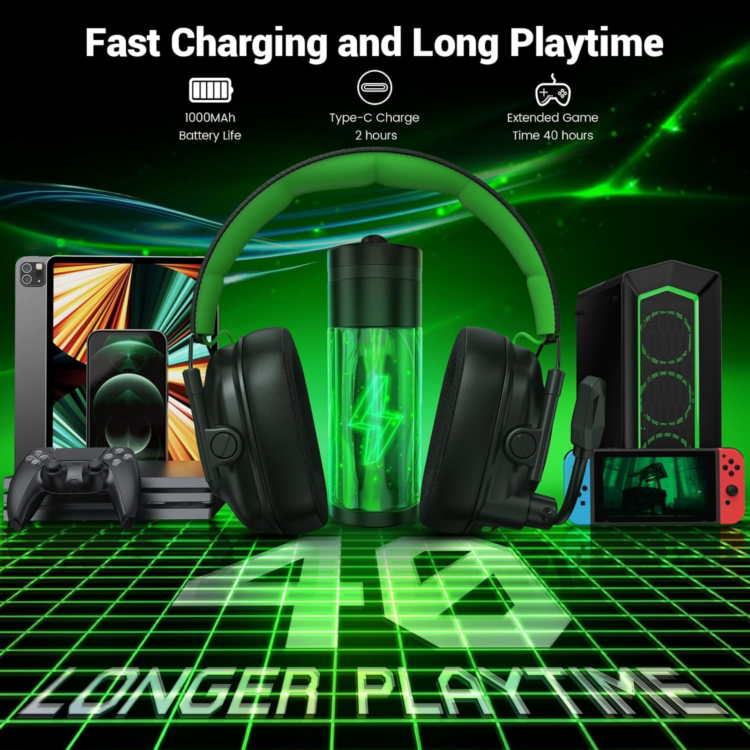 Wireless Gaming Headset with Bluetooth 5.4 2.4GHz – Noise Cancelling Mic, RGB Lighting (Black/Green)