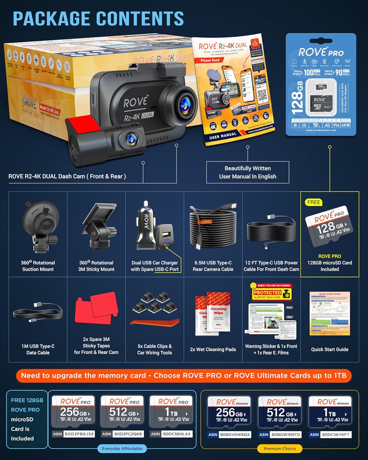ROVE R2-4K Dual Dash Cam – Front & Rear, STARVIS 2 Sensor, 4K UHD, 3” IPS, Free 128GB Card, 5G WiFi