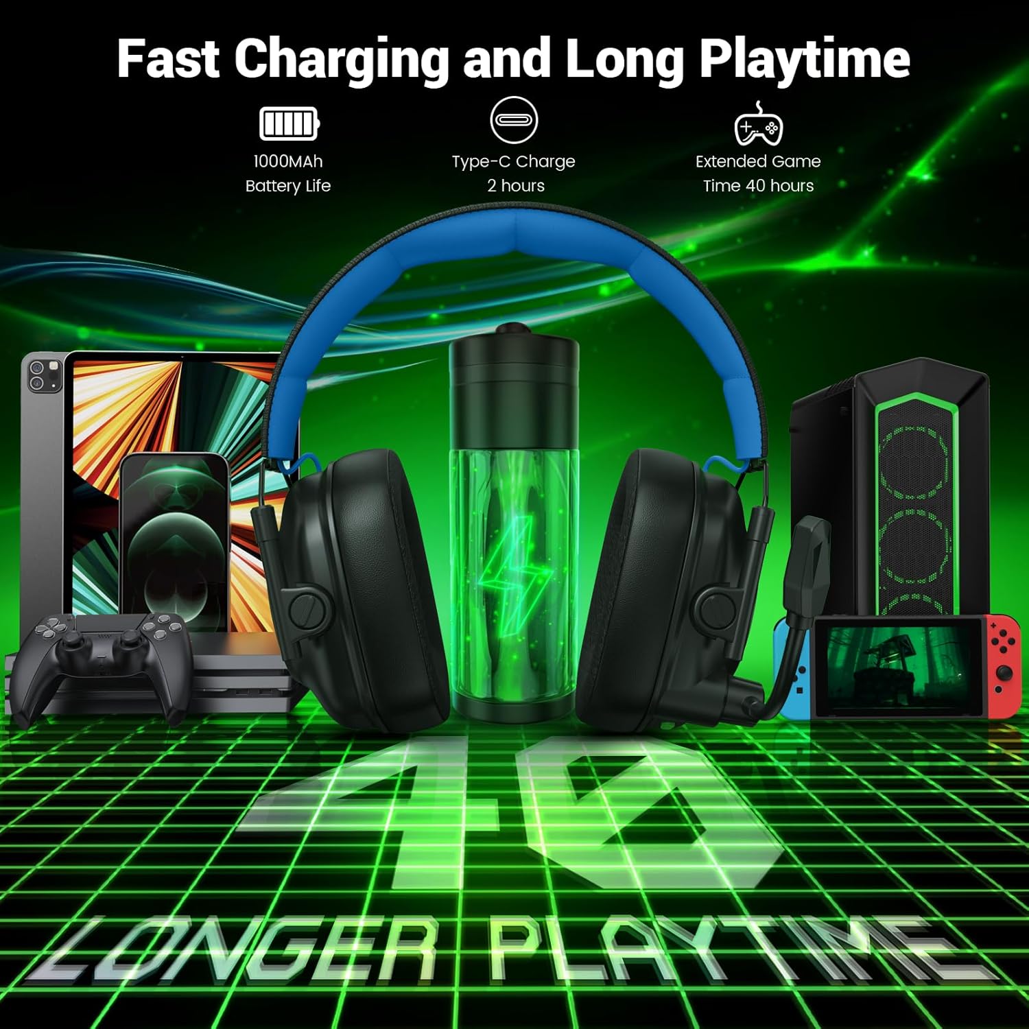 Wireless Gaming Headset with Bluetooth 5.4 2.4GHz –  Black/Blue