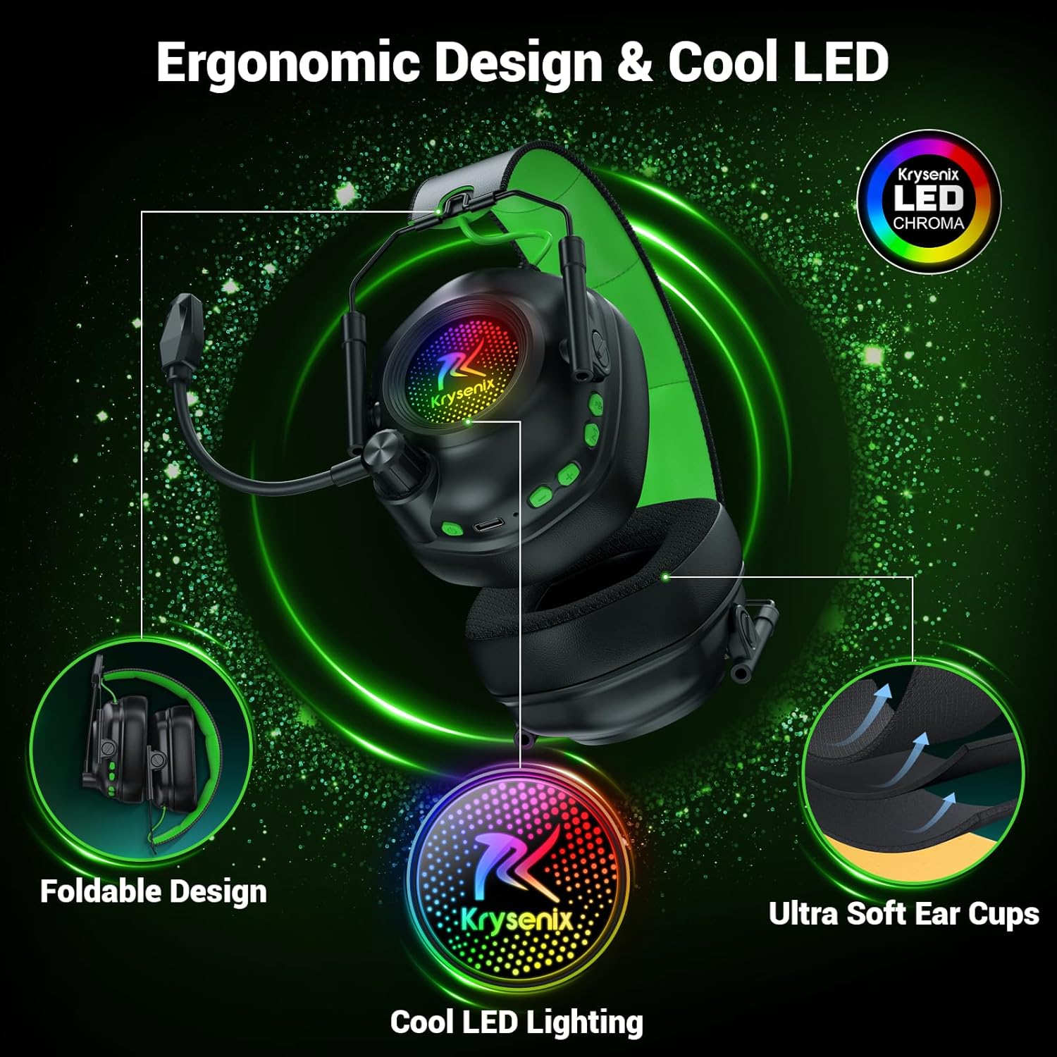 Wireless Gaming Headset with Bluetooth 5.4 2.4GHz – Noise Cancelling Mic, RGB Lighting (Black/Green)