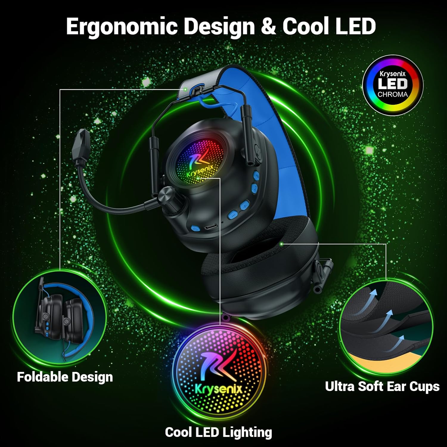 Wireless Gaming Headset with Bluetooth 5.4 2.4GHz –  Black/Blue