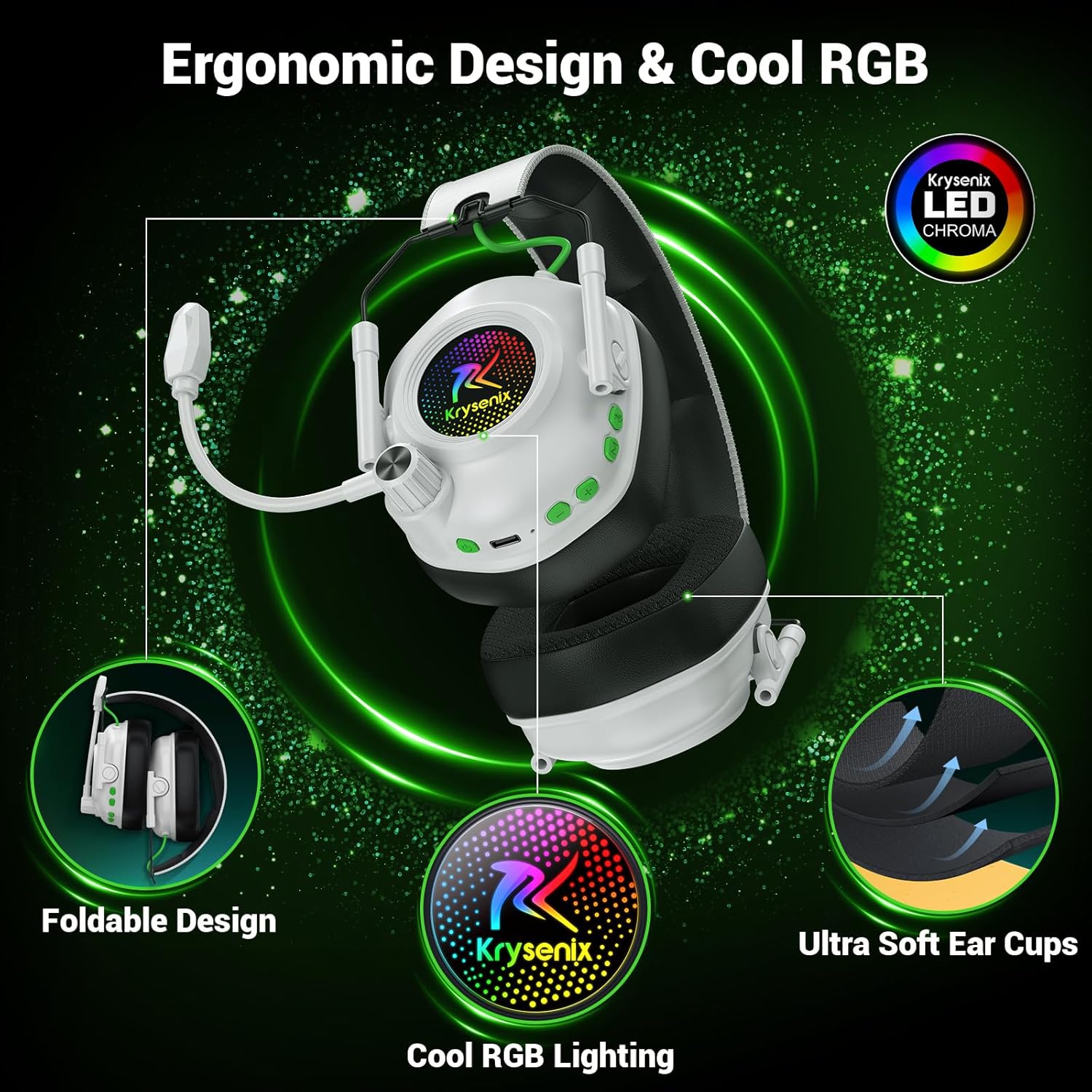 Wireless Gaming Headset with Bluetooth 5.4 2.4GHz – Noise Cancelling Mic, RGB Lighting (White)