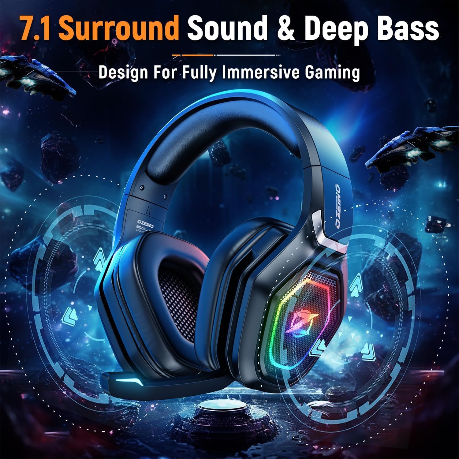 Wireless RGB Gaming Headset with Mic – 2.4GHz USB/Type-C Dongle (Black)