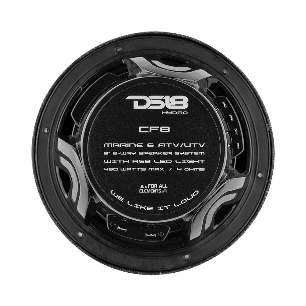 DS18 HYDRO 8 "Haut-parleurs marins à 2 voies avec lumières LED RVB 450W - Fibre de carbone noire [CF-8]