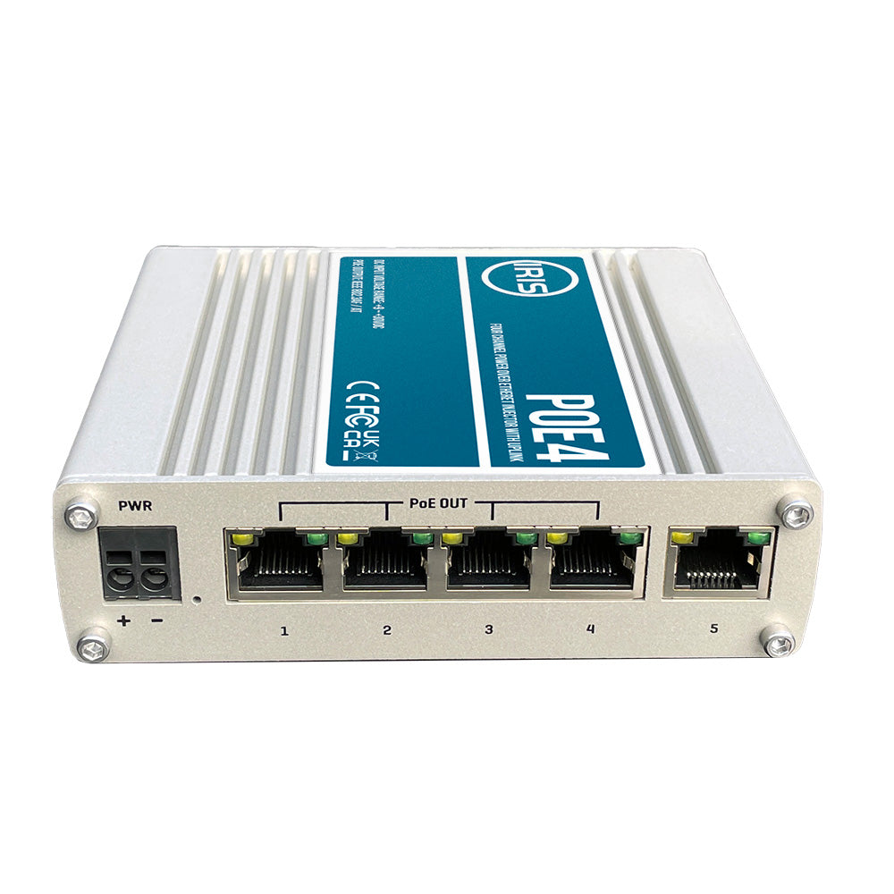 Conmutador de alimentación a través de Ethernet de enlace ascendente de cuatro canales Iris - Cumple con IEEE802.3af 3at - Entrada de 9-30 VCC - Salida de 48 VCC [POE4V2]