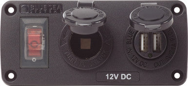 Blue Sea Water-Resistant 12V 15A Circuit Accessory Panel with 12v Socket and Dual USB