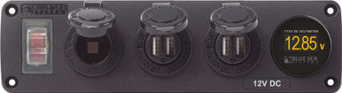 Blue Sea Water-Resistant 12V 15A Circuit Accessory Panel Socket, 2-Dual USB, Volt Meter