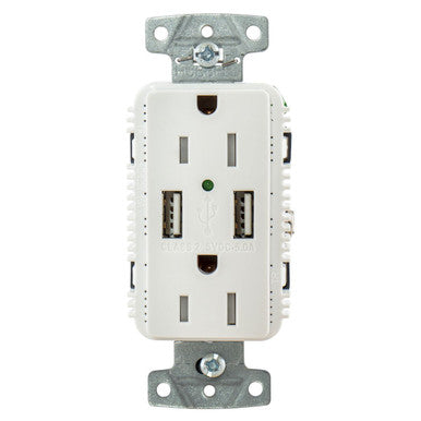 Hubbell USB15A5W toma blanca doble 15 amperios 125 V 2 polos y dos puertos USB de 5 amperios 5 V